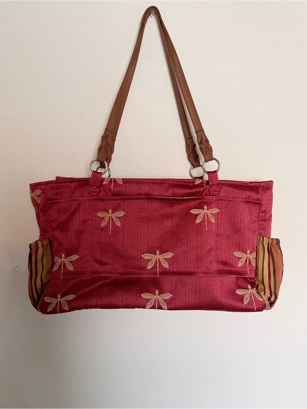 DRAGONFLY Red silk Tote sholder Bag Brown pockets handles 18x10in
